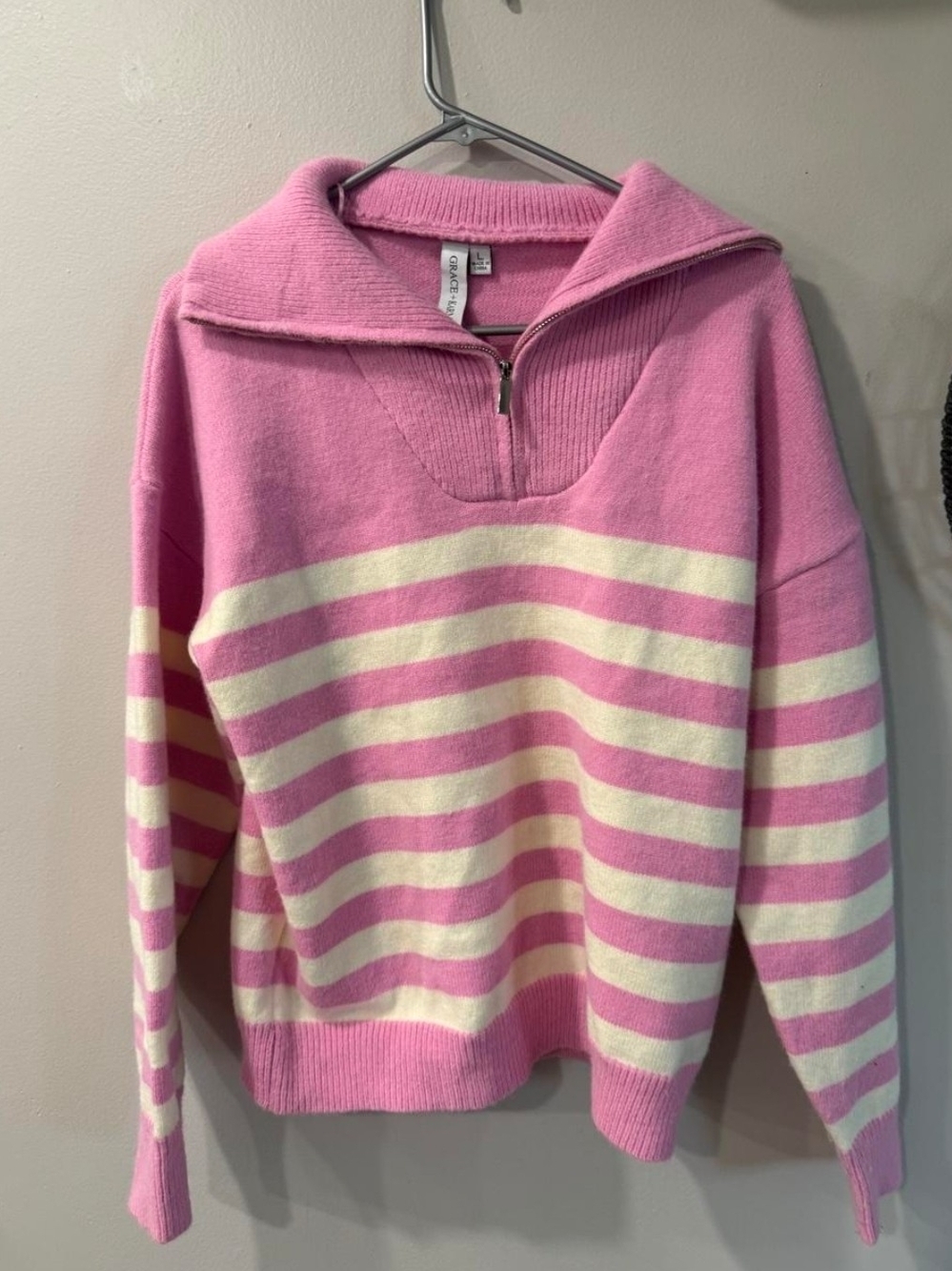 Pink and Cream Striped Half-Zip Sweater